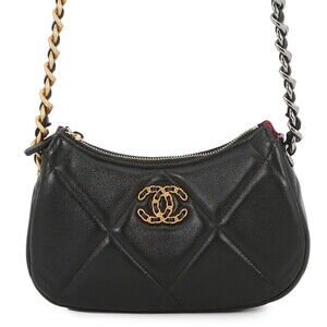 Chanel Chain Shoulder Bag, 19 Matelassé Small Hobo Lambskin AP3676, Black, Ha...